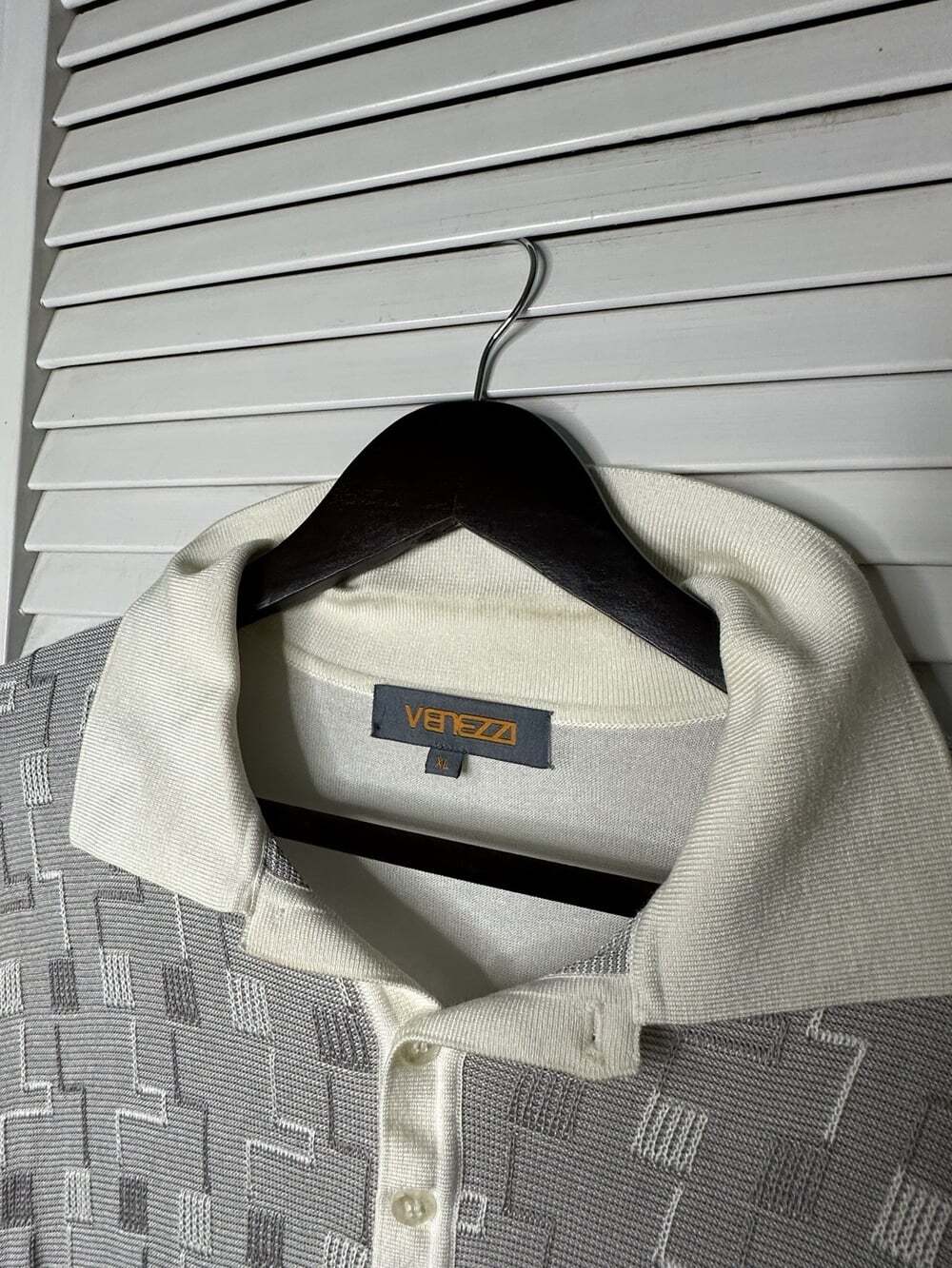 Venezzi Men's XL Gray/Ivory Geometric Knit Silk Blend Short Sleeve Polo - Picture 5 of 6